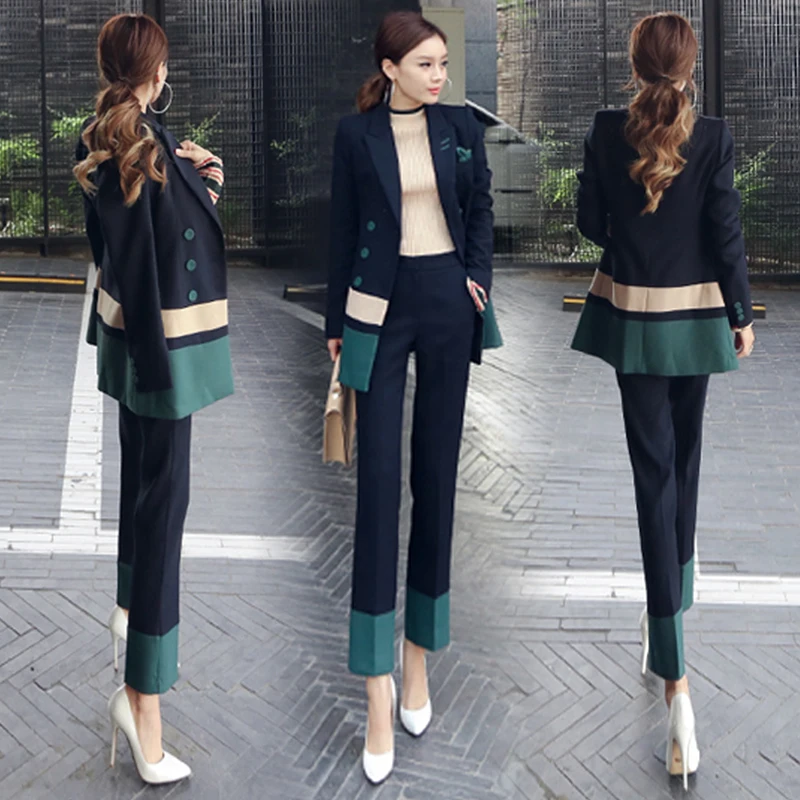 

Blazer Jacket 2 Piece Set Long Pants Suits Office Uniform Designs Women Autumn Patchwork Double Breasted Female Business Suitd81