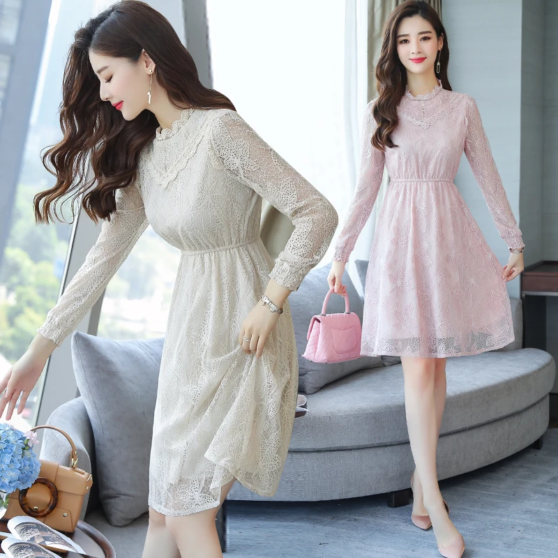 

Autumn Winter New XL Plus Size Vintage Lace Pink Midi Dresses 2019 Korean Women Elegant Bodycon Mesh Dress Party Runway Vestidos