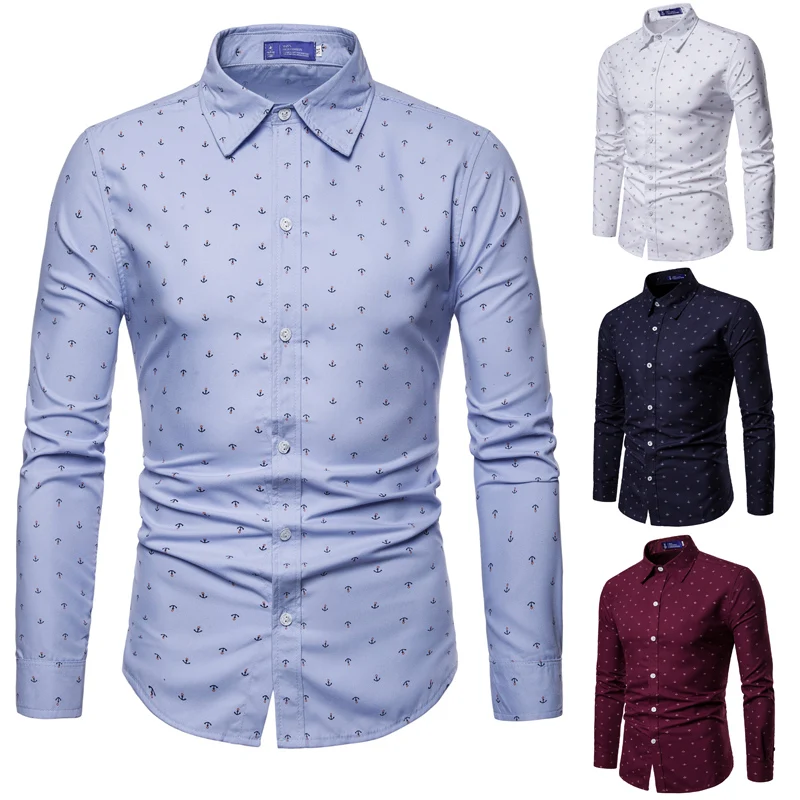 

New arrival Western stylish fashion Anchors printing men's shirts M-3XL long sleeve young boys casual shirt Slim fit
