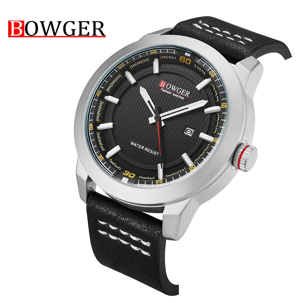 Bowger Для мужчин s Watch Top Элитный бренд кожаные спортивные часы кварцевые
