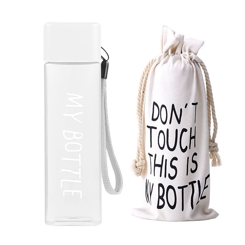 Новые пластиковые бутылки для воды 500 мл My bottle для воды с веревкой, прозрачная Квадратная бутылка для напитков, спортивный корейский стиль, термостойкая - Цвет: white and bag