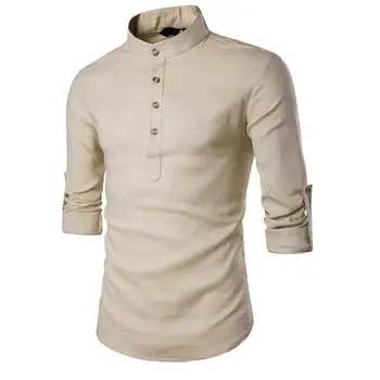 

Nice Spring Summer Men`s Linen Cotton Blended Shirt Mandarin Collar Breathable Comfy Traditional Chinese Style Popover Henley