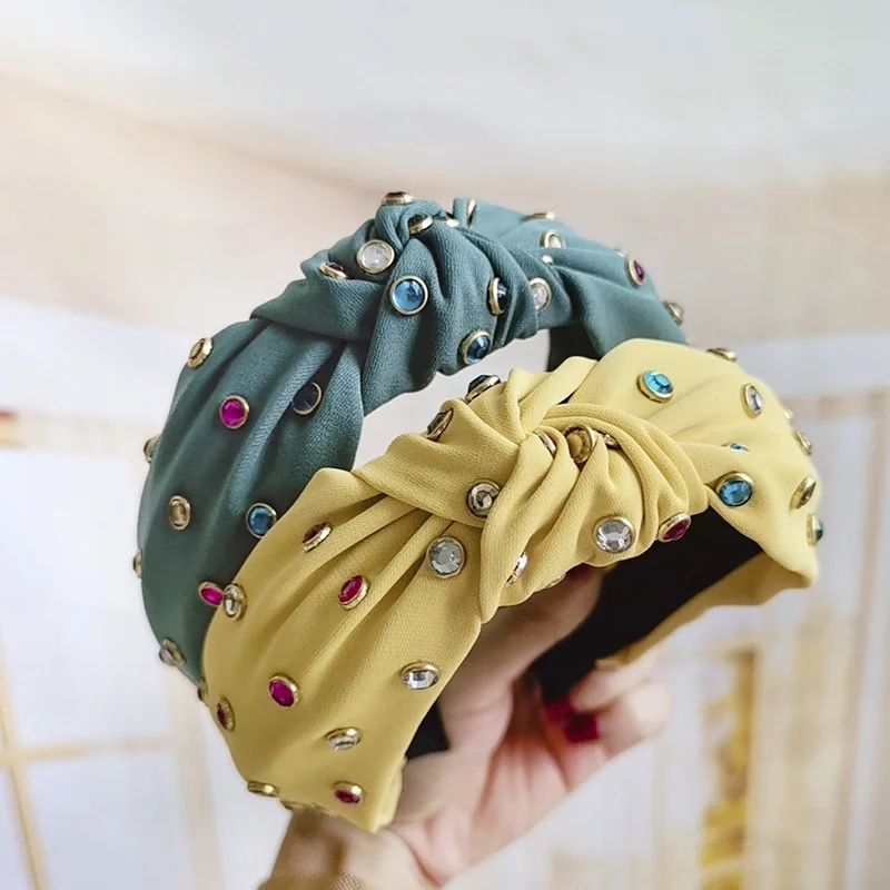 

On Sale 1Pcs Bohemian Summer 9 Color Rhinestone Center Knot Wide Hairband Handmade Hairband Hair Accessories