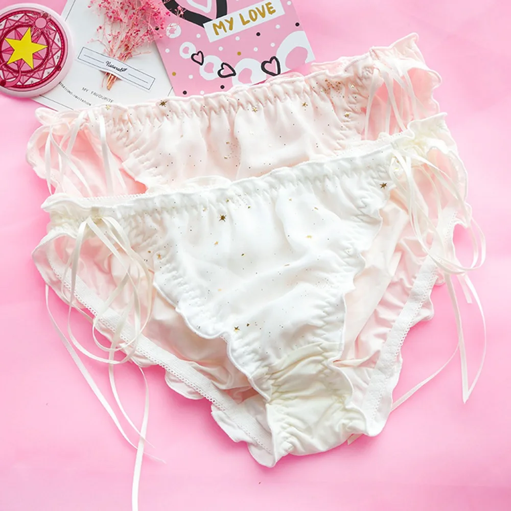 

Women Sweet Underwear Panties Lolita Lace Lace-up Stars White Black Pink Briefs