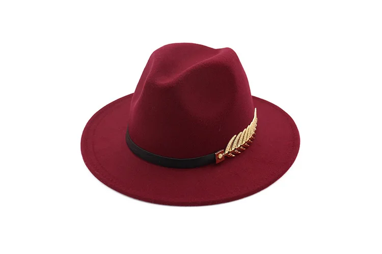 QBHAT Trend Men Women Wool Felt Panama Hat Fedora Caps with Metal Leaves Leather Band Jazz Trilby cap white green yellow hats felt fedora hat