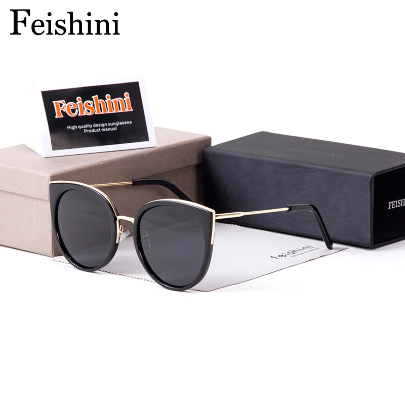 

FEISHINI Round Brand Designer Gradient High Quality Polarized Sunglasses Women Mirrored Metal Cat Eye Rose Driving Sexy 2017