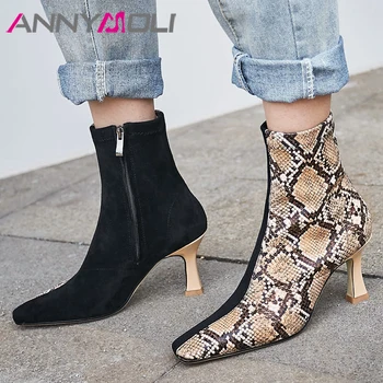

ANNYMOLI Genuine Leather Ankle Boots Women Sneak Print Kitten High Heels Short Boots Zipper Square Toe Shoes Lady Plus Size 3-10