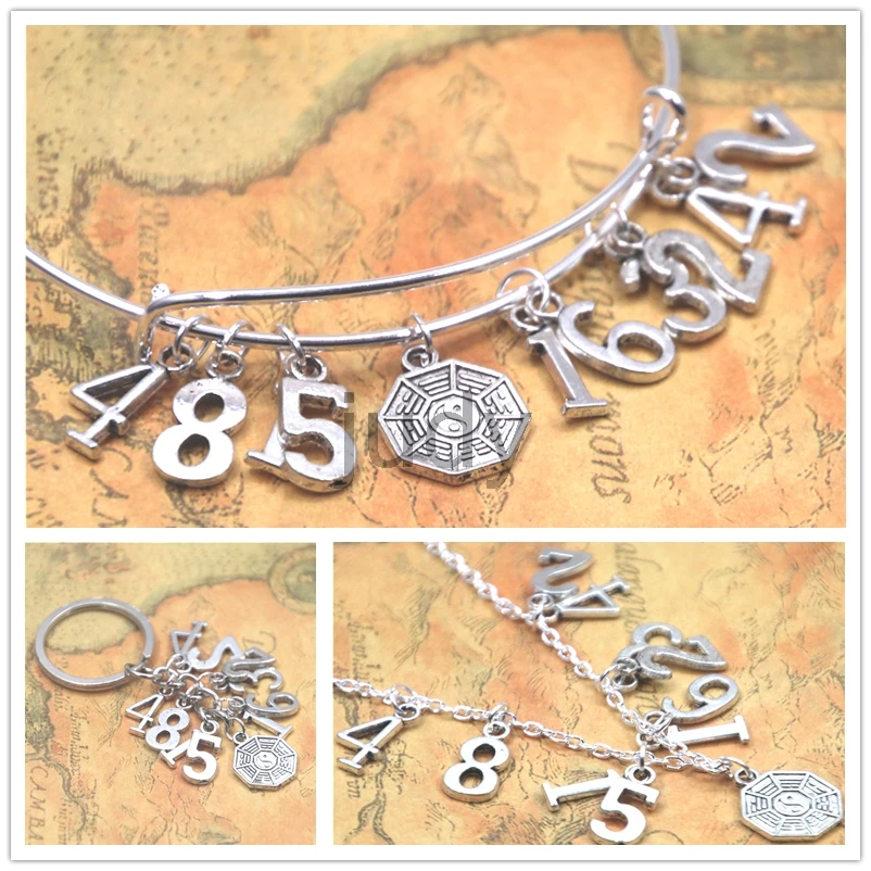 

12pcs/lot Dharma Inspired necklace Lost Tv show Inspired Numbers charm pendant necklace bangle keyring