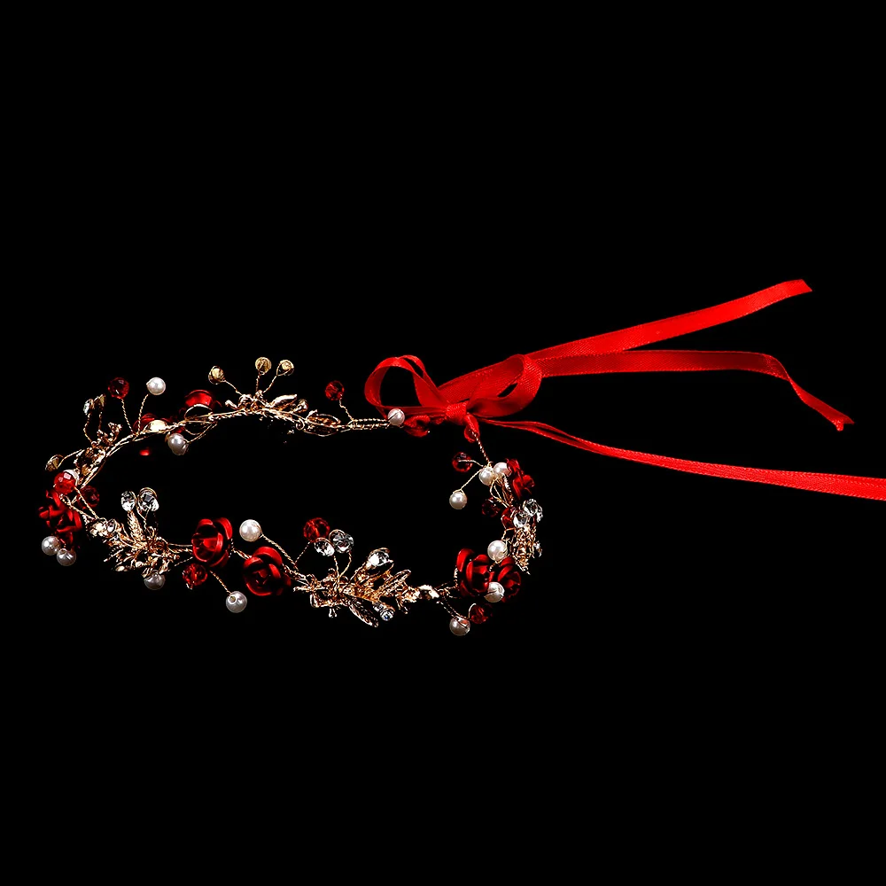 1 комплект, Элегантная модная женская красная роза, кристалл, жемчуг, повязка на голову для невесты, корона, свадебные тосты, аксессуары для одежды и волос, серьги, набор