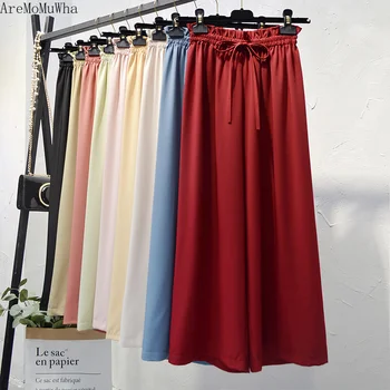 

AreMoMuWha High Waist Ice Silk Chiffon Wide Leg Pants Female Spring Summer Nine Points Loose Fall Straight Straight Pants QX983