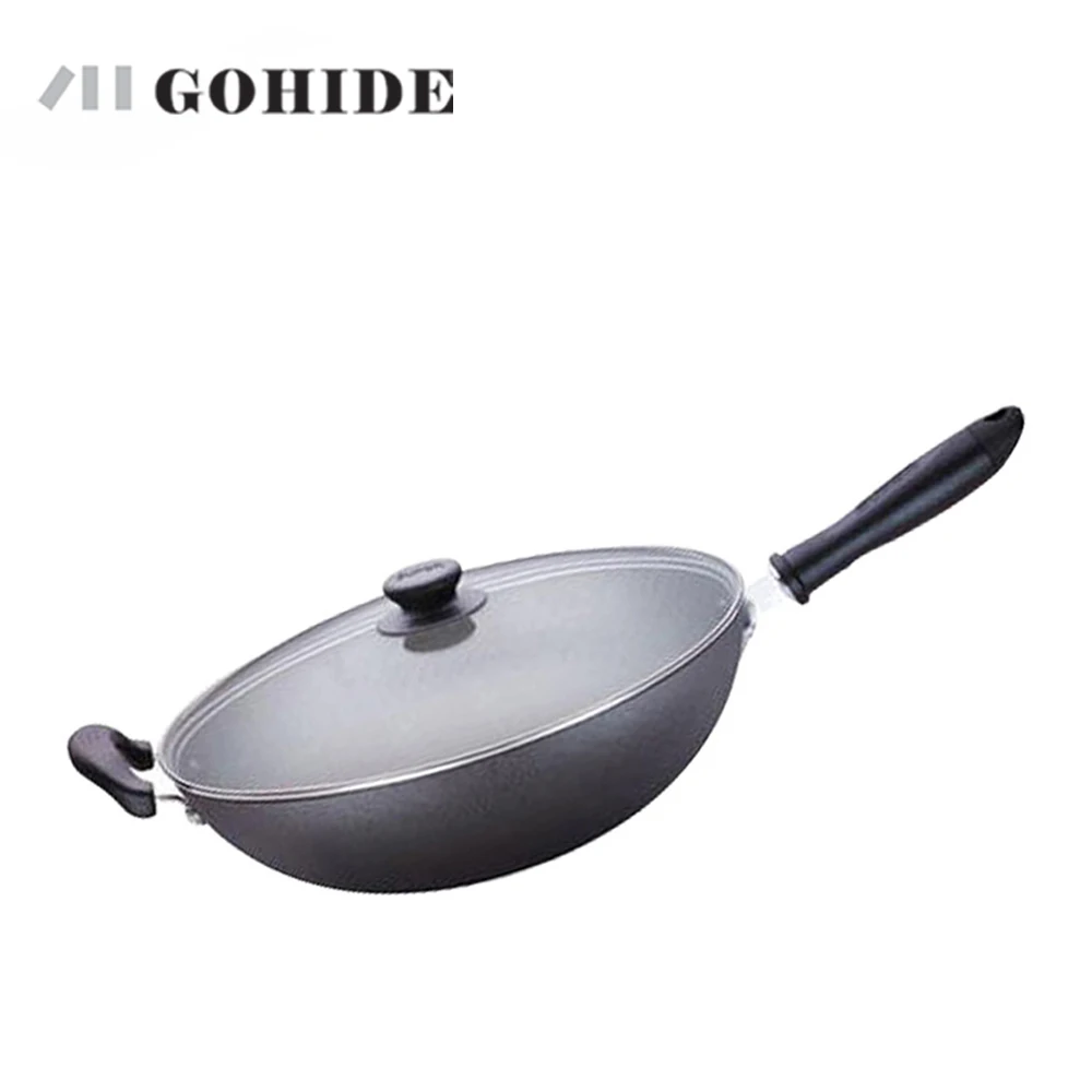 Gohide Wok литье железа Fc32e 32 см толстое дно дизайн без покрытия здоровый вок прочный