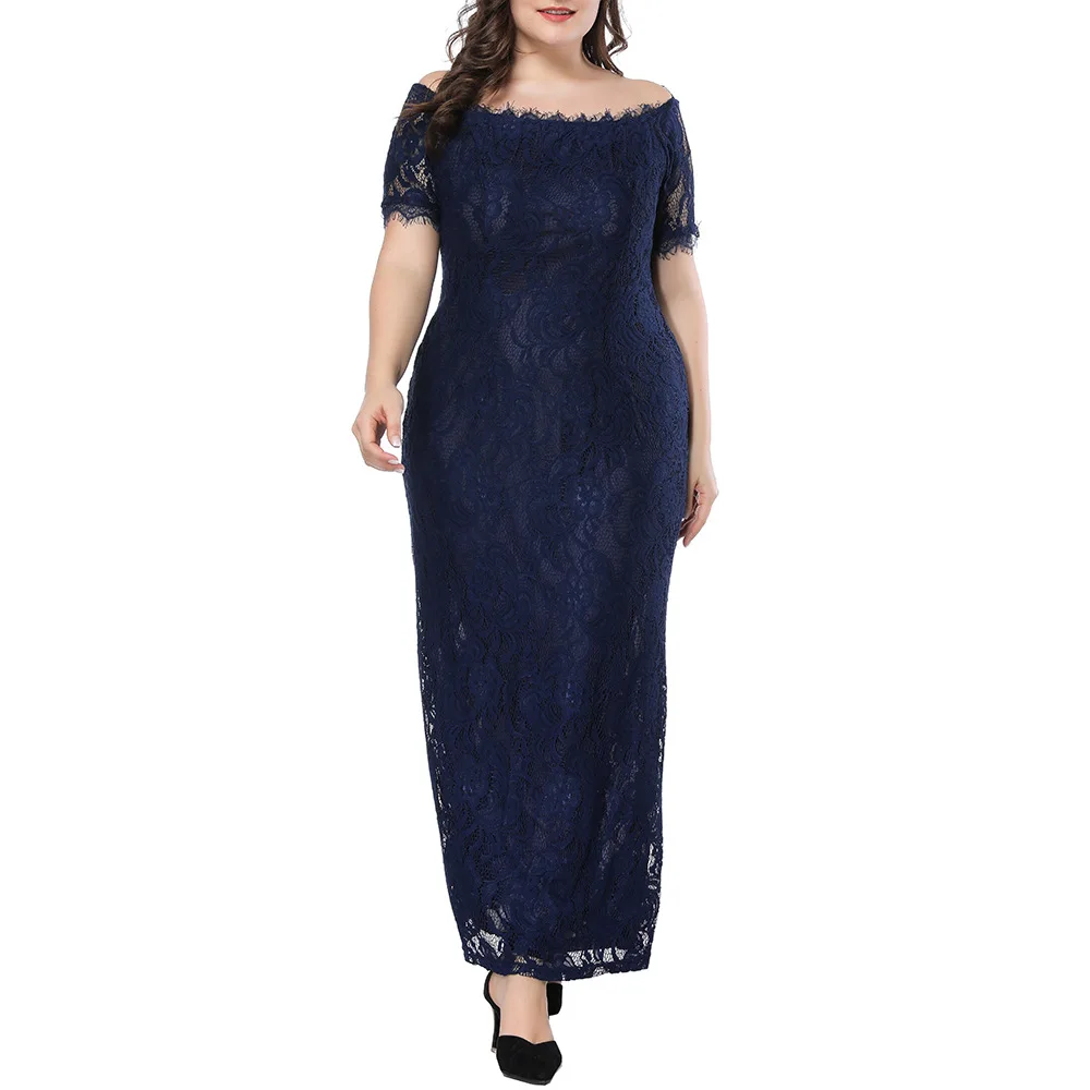 Summer Casual Women Elegant Plus Size Sexy Lace Bodycon Dress Short Sleeves Slash Neck Evening Party Maxi Dresses Dresses