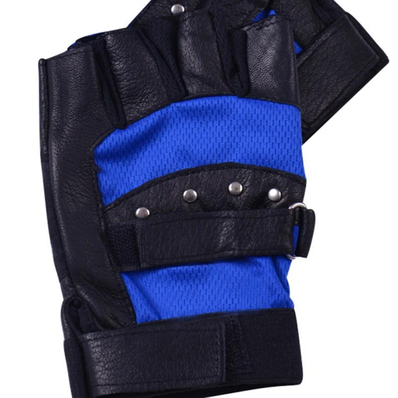 Профессиональные мужские уличные мягкие кожаные перчатки для вождения мотоцикла байкерские перчатки без пальцев - Цвет: Синий