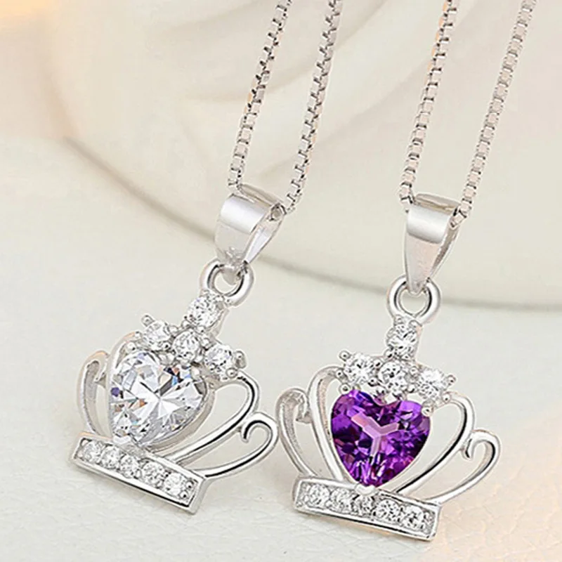 

High quality 925 sterling silver cute princess crown shape Purple Crystal Pendant with chain women Jewelry Girls short necklace