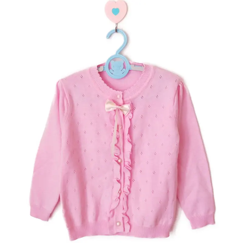 Детские свитера для девочек, хлопок, с милым бантом, с кукольным воротником, с цветочным рисунком, детская одежда, вязаный кардиган, свитер - Цвет: Light pink
