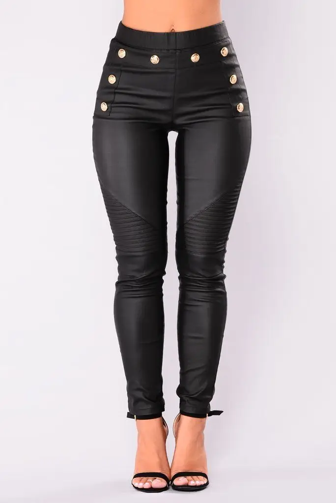 Новые женские брюки из искусственной кожи с декоративными пуговицами эластичные узкие брюки с эффектом пуш-ап - Цвет: Черный