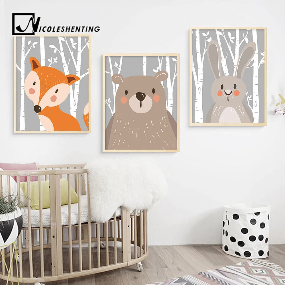 Кролик, лиса, медведь, животные, Детские плакаты и принты, настенная живопись на холсте, декоративная картина в скандинавском стиле, украшение для детей