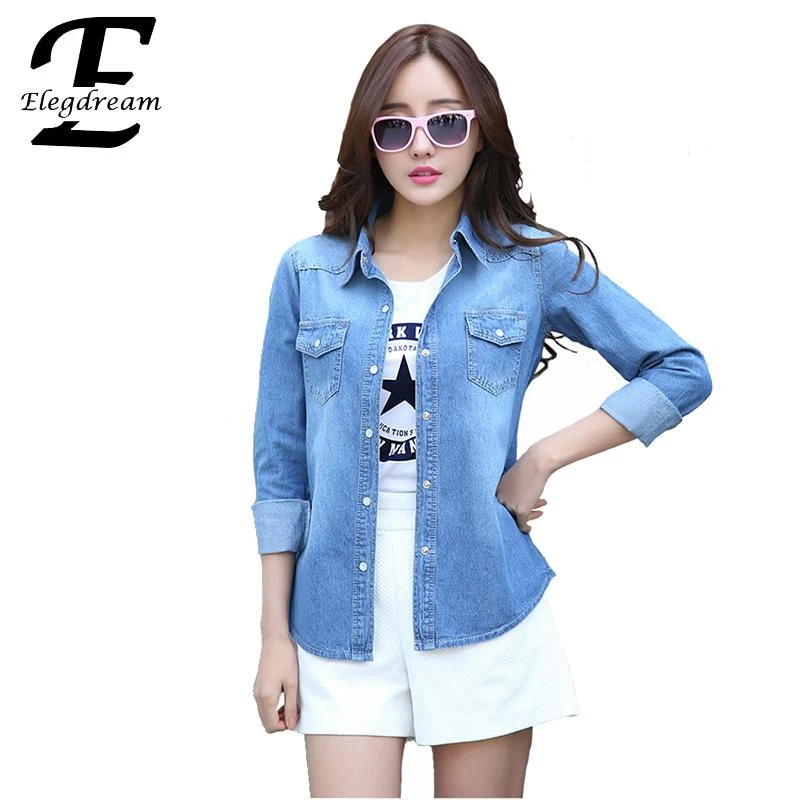 Elegdream 2018 primavera Camisa de mezclilla para mujer ropa Jeans Vintage mujer Camisa Jeans Blusas Feminina Tops blusa XXL|blouse xxl|denim shirt womenshirt women - AliExpress