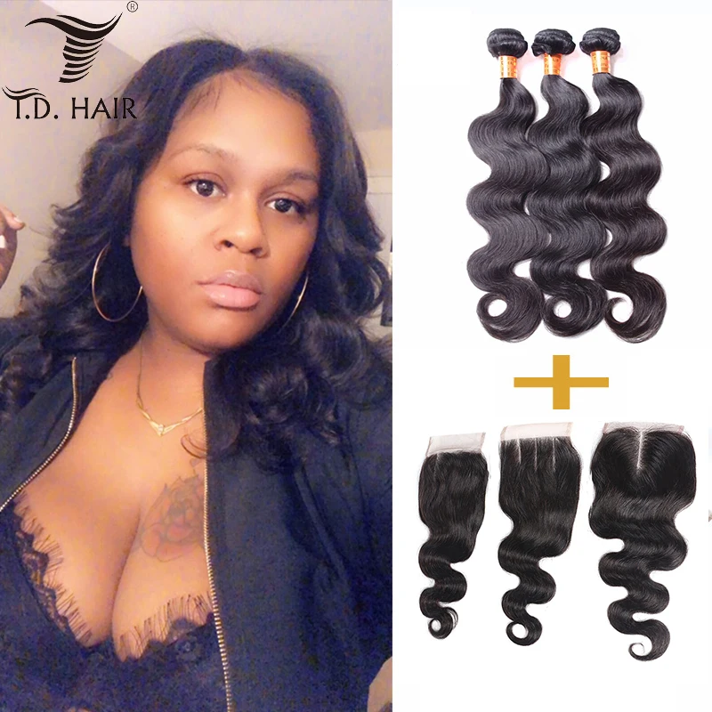 Tdhair 3 пучка s объемный волнистый пучок волос с 4*4 Кружева Закрытие свободный