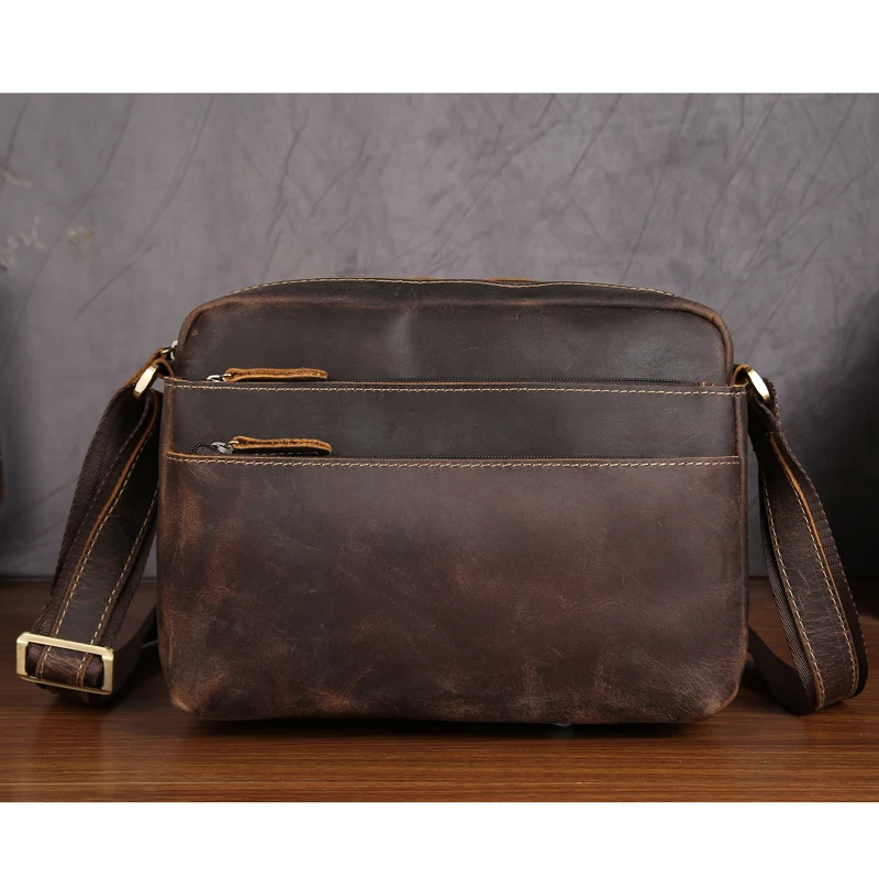 

Men's Shoulder Bags Male Genuine Leather Crossbody Messenger Vintage Business Crazy Horse Zipper Pockets iPad Bag For Man Gift