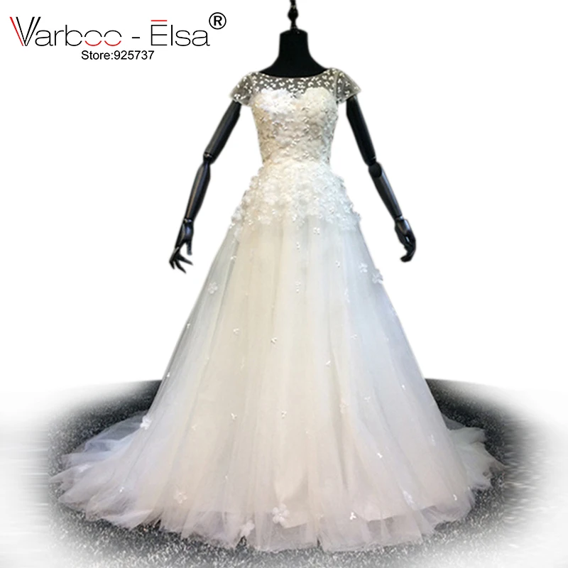 Varboo_elsa 2018 платье Vestido De Noiva 3D аппликация бисером свадебное платье Белый Кружево короткий рукав Кисточки поезд арабский линия свадебное