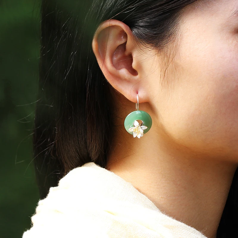 Lotus Fun Genuine 925 Sterling Silver Earrings for Women Round Green Aventurine Flower Hook Drop Earring valentines day gift