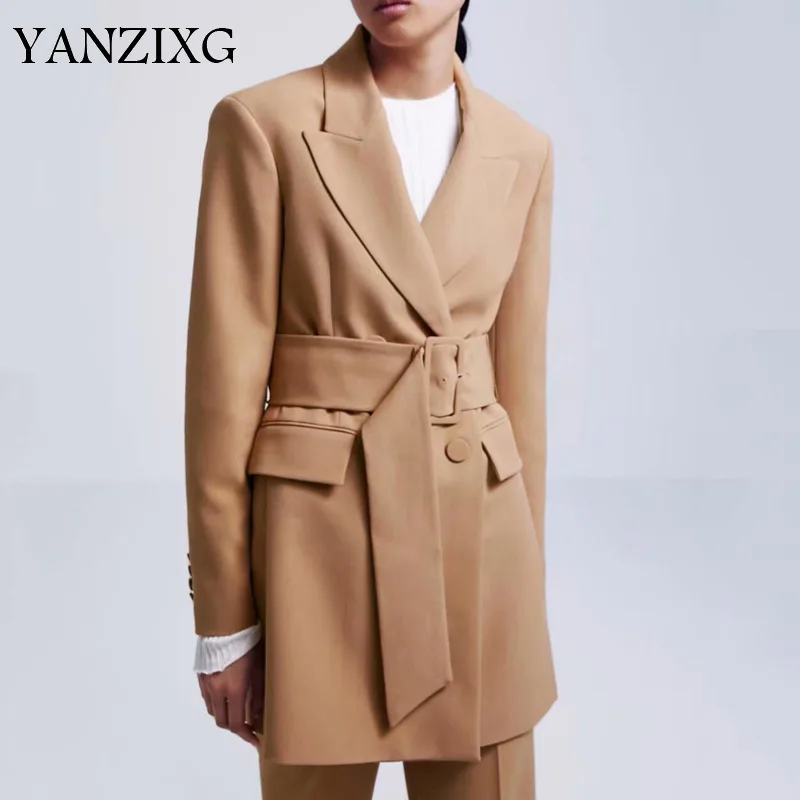 

Style Khaki Long Style Blazer Pockets Sashes Double Breasted Long Sleeve Coats Female Casual Blazers Outerwear A984