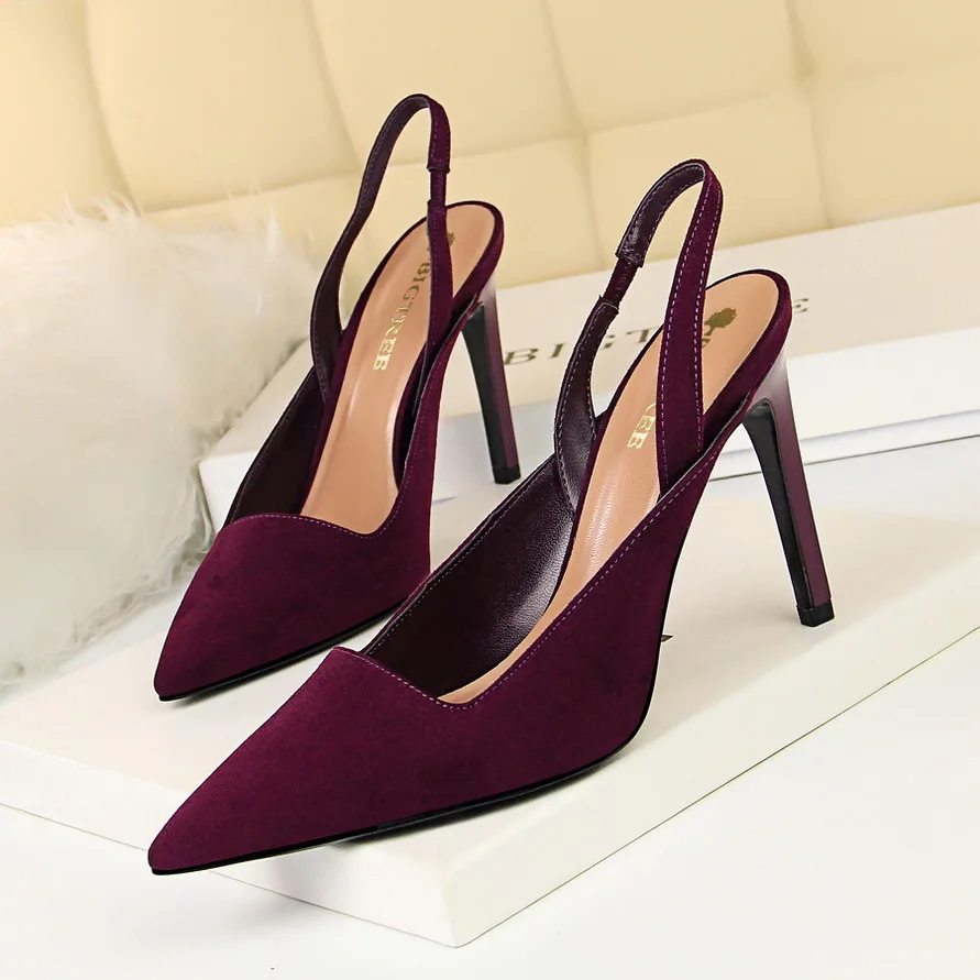 

Fashion professional OL women's shoes fine heels, high heels, suede surface, shallow pointed back straps and hollow single shoes