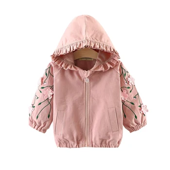 

2020 New Girls Spring Spring Clothes Fashion Embroidery Flower Zipper Hooded Cardigan Cotton Windbreaker Loose Kid Casual Jacket