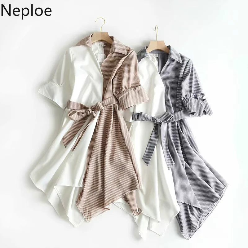 

Neploe Turn-Down Collar Patchwork Dress Irregular Striped Vestidos Drawstring Short Sleeve 2019 Summer Dresses 45163