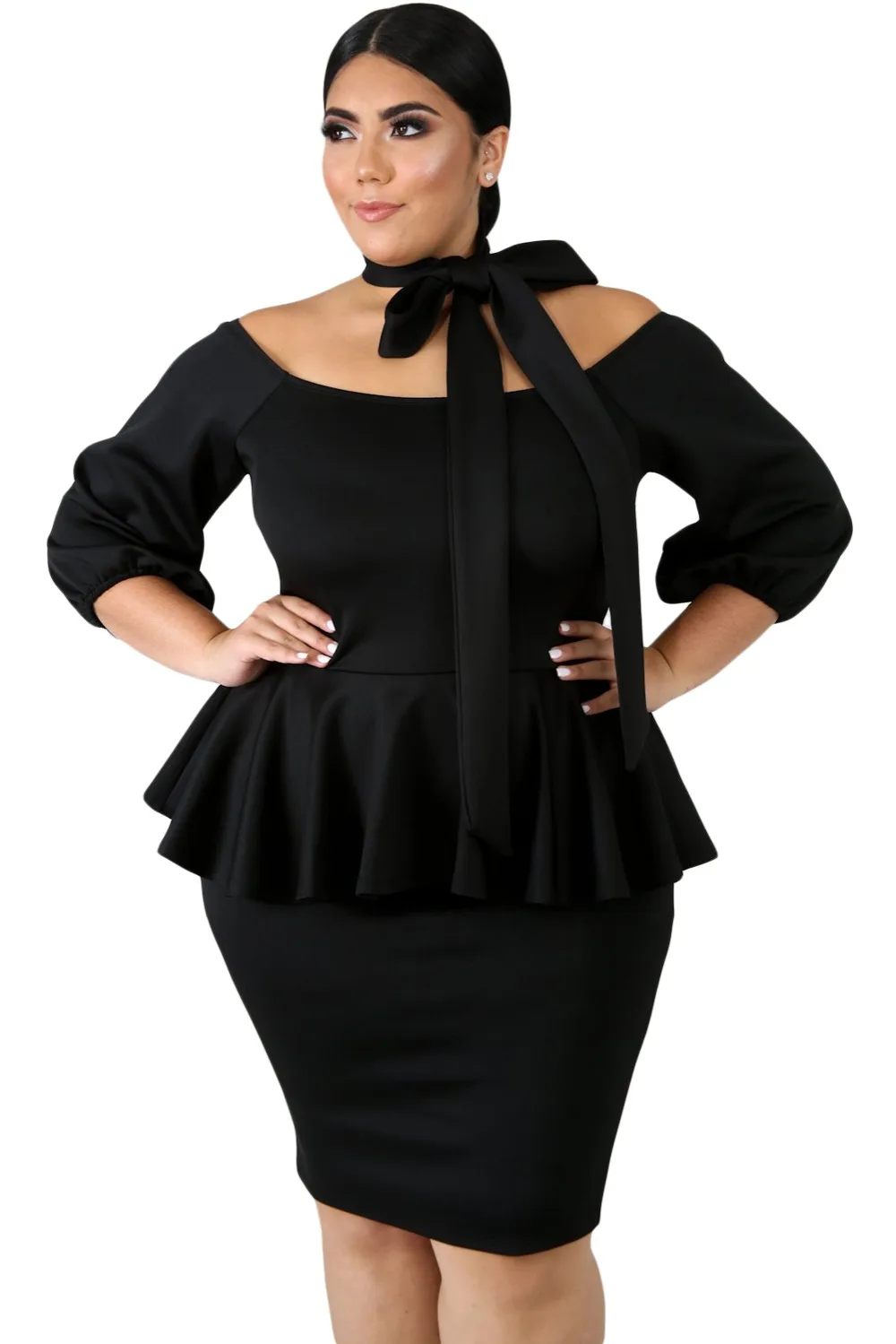 Black-Sash-Tie-Plus-Size-Peplum-Dress-LC220596-2-1