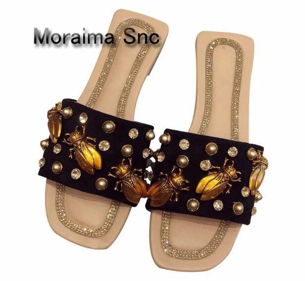 

Moraima Snc Luxury brand women slippers pantoffels dames Animal rivet flats shoes women pearl suede summer ladies slides 2018