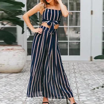 

Newly Summer Women Two Piece Set Backless Crop Top Wide Leg Pants Lady Girl Striped Casual Outfit DO99