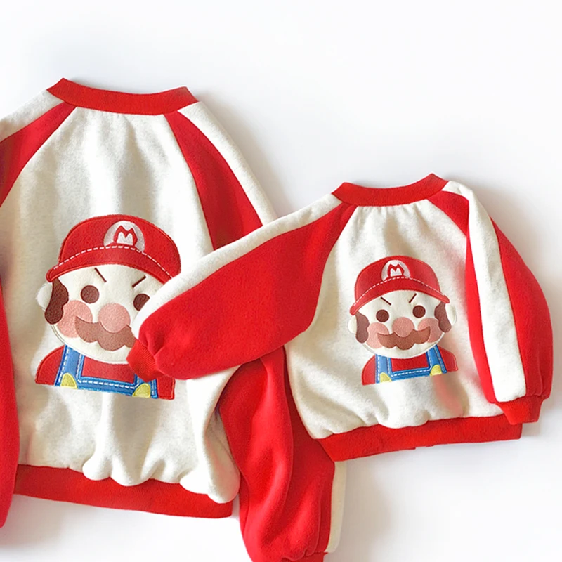 

Autumn New Mother and Daughter Clothes Dress 2018 Cartoon Dawei Mario Baseball Suit Interesting Long Sleeve Jacket for Family