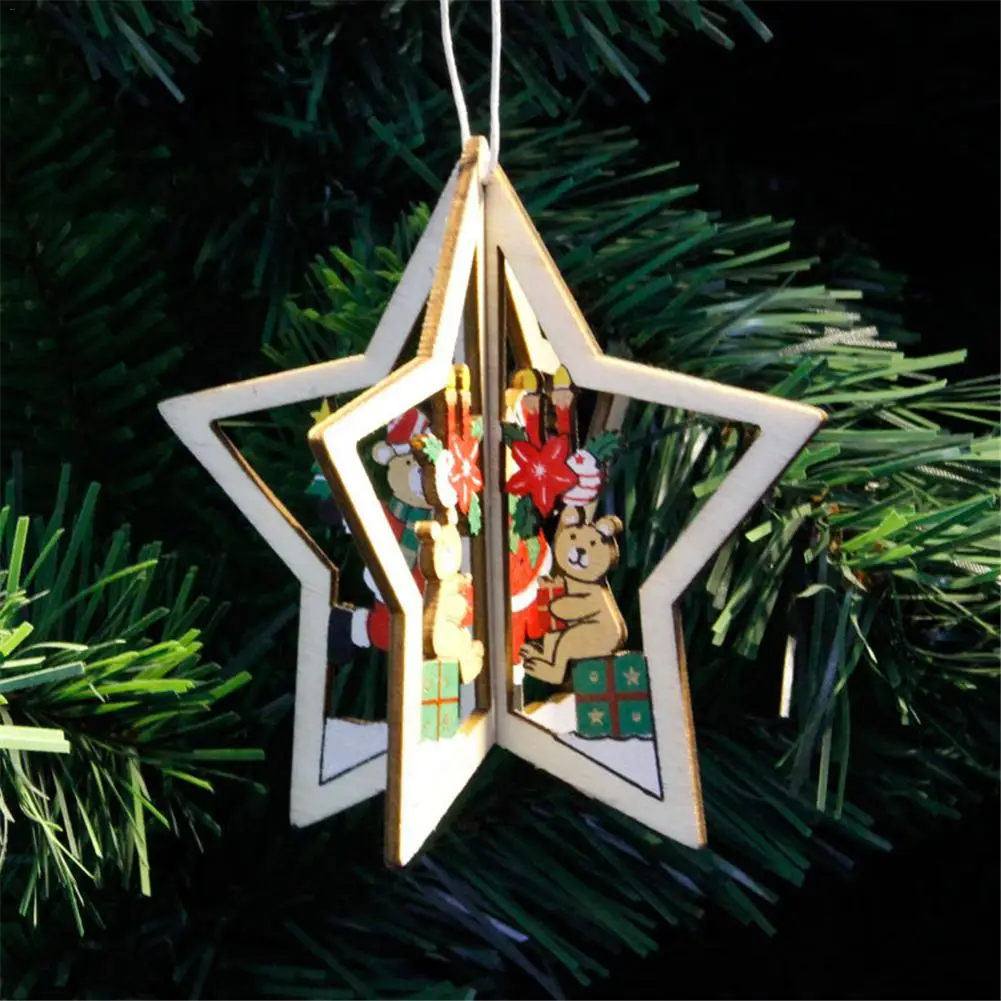 

New Christmas Tree Ornaments Hanging Three-dimensional Five-pointed Xmas Tree Home Party Decor 3D Wooden Pendant Decoration