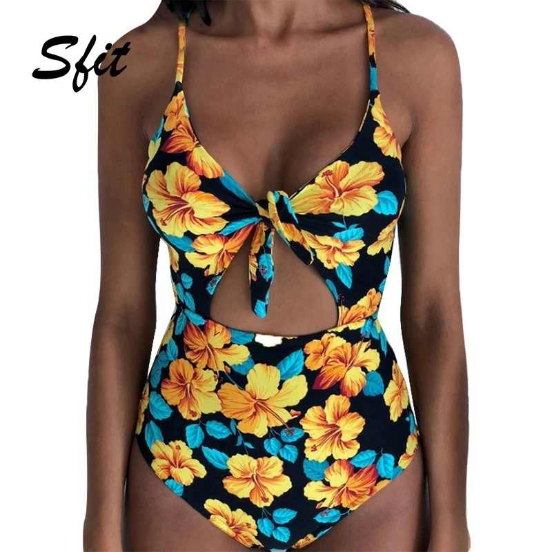 

Sfit Summer Women Floral Printed Bikini Set Halter Knot Push Up Swimsuits Padded Monikini Plus Size Tie Up Bathing Suit Female