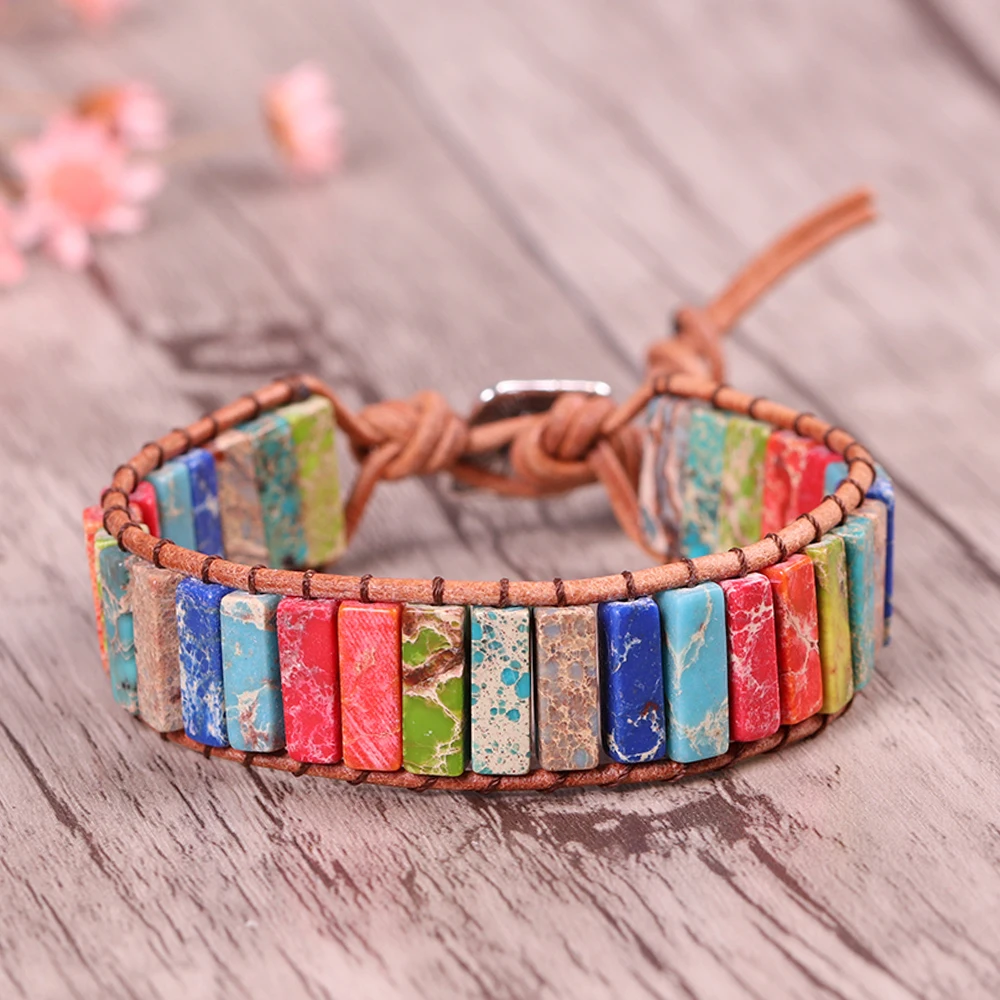 

7 Chakras Reiki Bracelet Natural Emperor Stone Leather Wrap Bracelet Healing Jewelry Yoga Bracelet Femme Jewelry