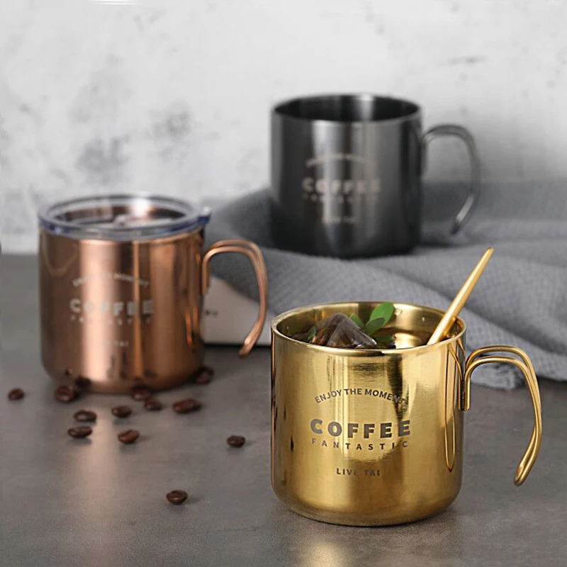 

304 Stainless Steel Coffee Mugs Double Titanium Anti-hot Mug Plating Gold Rose Sliver Coffee Cup Breakfast Milk Cups 350ml