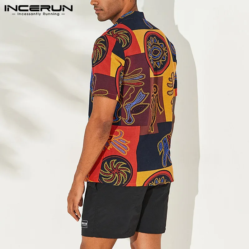 INCERUN/2019, мужская рубашка в этническом стиле, с принтом, свободные хлопковые, с коротким рукавом, с воротником-стойкой, дышащие топы