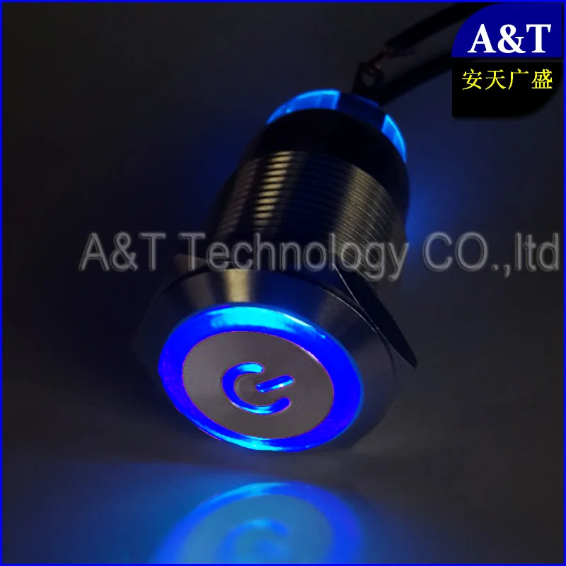 

19mm 2NO 2NC push button,car,boat Auto IVECO 12v 24v 6v Blue led power symbol illuminated waterproof IP67 latching on off switch