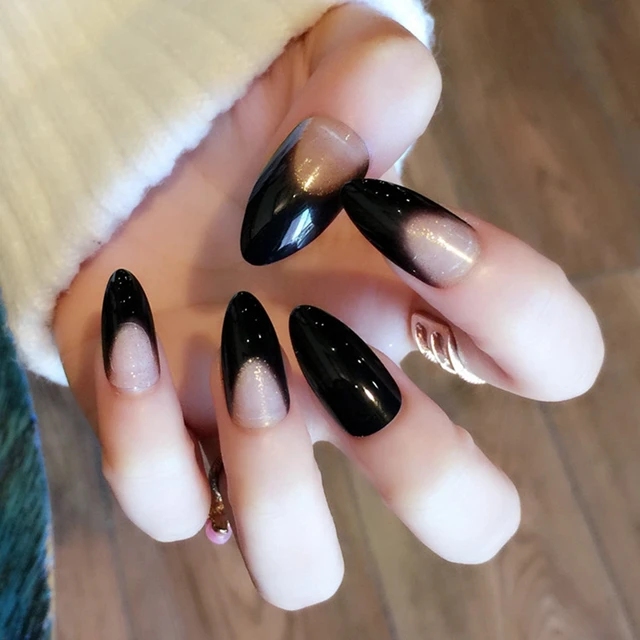Super Long Pointed Fake Nails Black Glitter Pre Designed Bent Super Long Pointed Fake Nails Black Glitter Pre Designed Bent Acrylic French For Lady