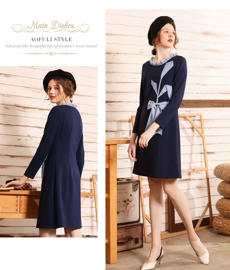 AOFULI Chic Bow Patchwork Long Sleeve Women Dress Winter Fashion Brand Ruffled Knee-length Dress Blue L- XXXL 4XL 5XL A3745