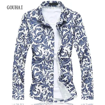 

GOUHAI Mens Hawaiian Shirt 2019 Fashion Mens Dress Shirts Long Sleeve Floral Male Social Shirt Men Plus Size M-5XL 6XL 7XL