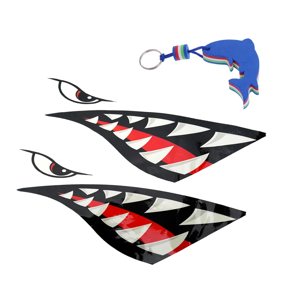 2x Shark Tooth Vinyl Decals Stickers Kayak Jet Ski + Blue Dolphin Shaped Floating Key Chain