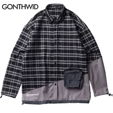 GONTHWID/рубашки в клетку с длинными рукавами и карманом на молнии спереди в стиле пэчворк, мужские Модные Повседневные уличные топы на пуговицах в стиле хип-хоп