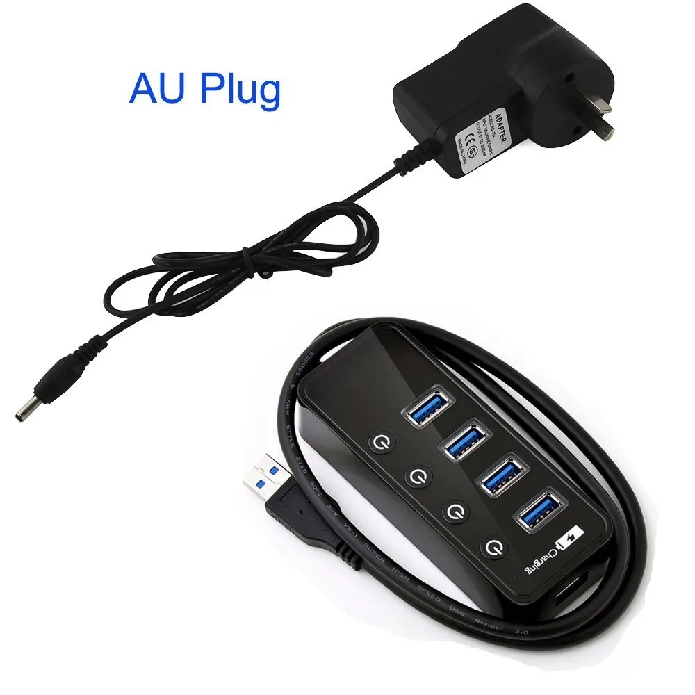 CHYI USB 3,0 концентратор USB-A-4 порта 3,0 с Умной быстрой зарядкой СВЕТОДИОДНЫЙ Переключатель ВКЛ/ВЫКЛ Внешний DC 5 В/2A блок питания сплиттер адаптер - Color: With AU Plug