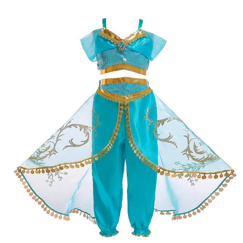 Halloween Christmas Party Cosplay Kids Girls Princess Jasmine Costumes For Children Party Belly Dance Dress Indian Costume 2ps