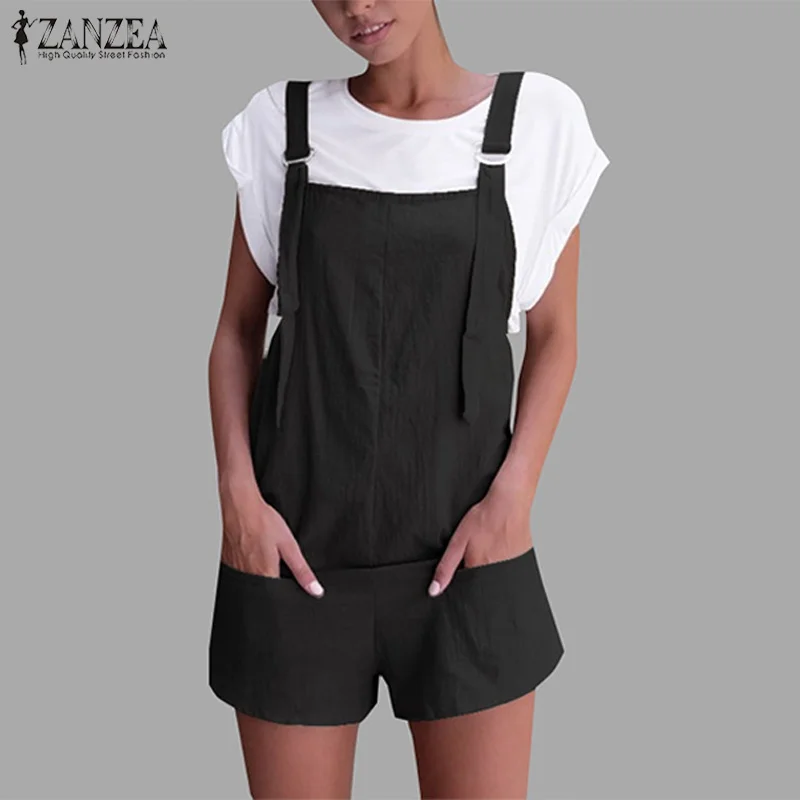 ZANZEA/Женские повседневные однотонные короткие комбинезоны с лямками и карманами; летние хлопковые льняные комбинезоны; пляжные вечерние комбинезоны