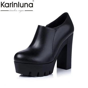 

KarinLuna Fashion Women Genuine Leather Pumps Gladiator Square High Heels Round Toe Platform Shoes