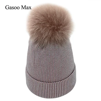 

2018 Bling Silver Wire Beanies Women's Hat Real Fur Pom Pom Knitted Gorro Feminino Beanie Hat Pompom Festival Winter Bonnet Caps